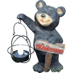 Welcome Sign Bear Solar Powered LED -Garden Statue Decor -Outdoor Bear Figurines
